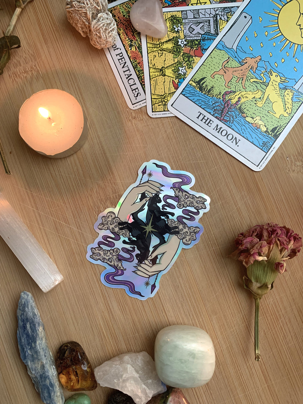 'Conjure' Black Cat Magick Holographic Die-Cut Sticker| Witchy Magic Hand Stickers