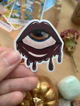 Load image into Gallery viewer, Feast Your Eyes Vinyl Sticker| Trippy Lips, Eyeball Design, Halloween Stickers, Spooky Designs
