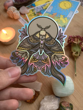 Load image into Gallery viewer, Holographic Moth Sticker| Trippy Moth Sticker, Rainbow Design, Moon and Moth
