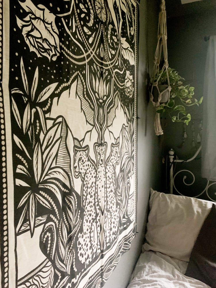 'Ease' Cheetah and Mountain Tapestry  | Cheetah Wall Decor, Witchy Vibes, Bedroom Decor, New Age Art, Mountain Tapestry