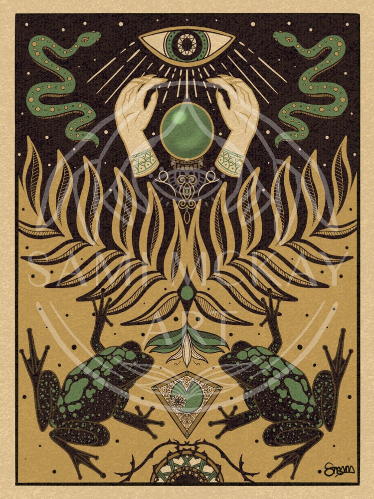 'Frog Magic' Print  | Crystal Ball Art Print, Snake Wall Decor, Witchy Vibes, Bedroom Decor, New Age Art