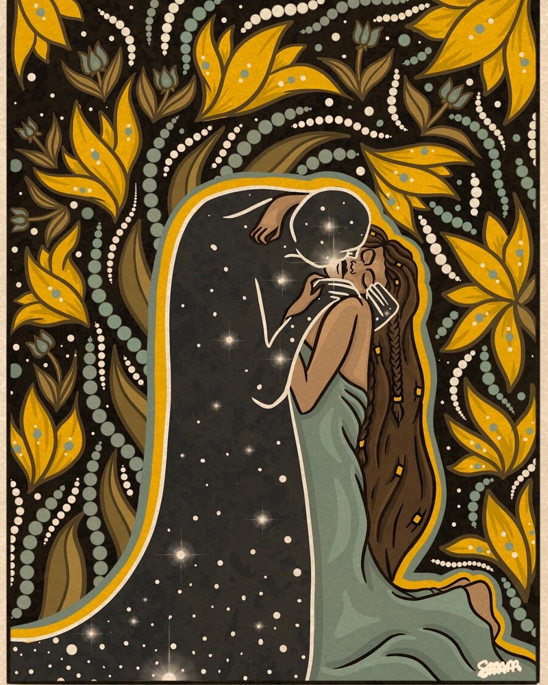 'The Kiss' Print  | Klimt Inspired Art Print, Yellow Flowers Wall Decor, Witchy Vibes, Bedroom Decor, New Age Art